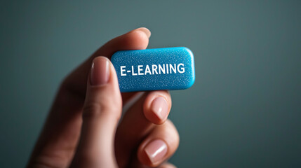 E-learning is represented by vibrant blue button held in hand, symbolizing modern education and digital learning. This captures essence of online learning and its accessibility