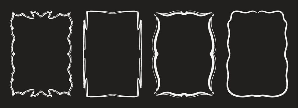 Set of decorative frames for trendy invitations, cards, menu design. Vintage and whimsical rectangular border frames isolated on black background.