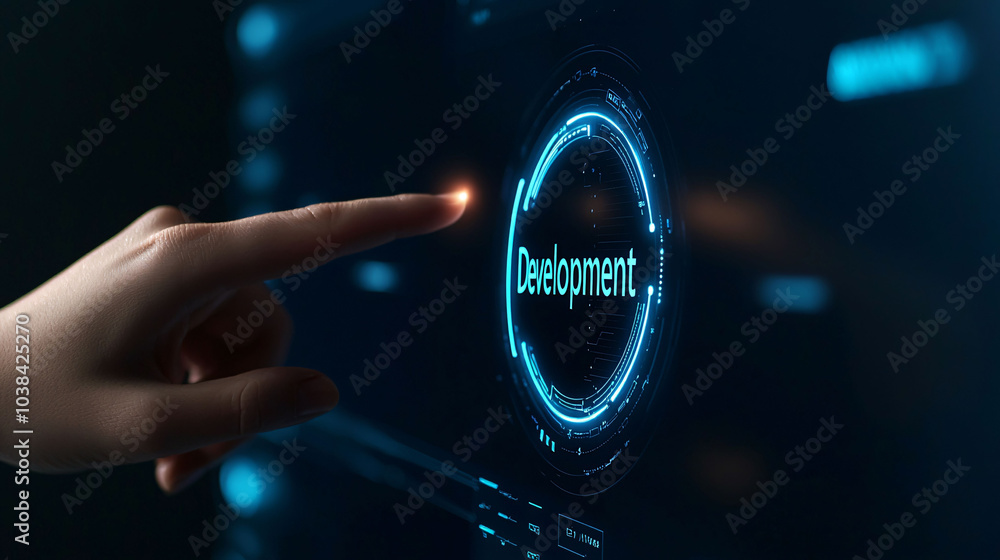 Poster hand is pointing towards futuristic interface displaying word development, symbolizing innovation an