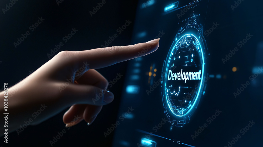 Poster hand is pointing towards futuristic interface displaying word development, symbolizing innovation an
