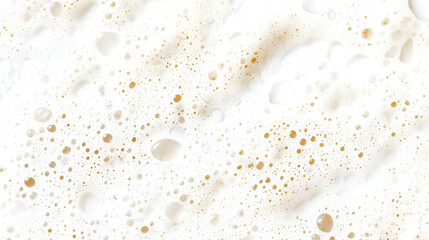 Close-up of white foam bubbles with golden hues on a textured surface, isolated on white background