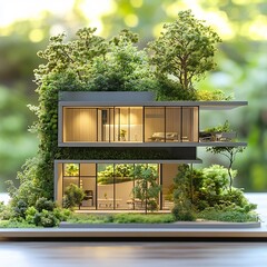 Innovative model of a sustainable home surrounded by vibrant greenery and a small tree highlighting energyefficient features and modern architecture that promotes ecofriendly living in urban settings
