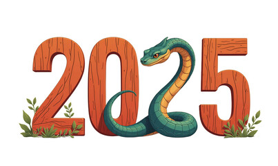  Wooden numbers 2025 with snake - symbol of the year on a transparent background