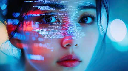 A woman's face overlaid with digital code, symbolizing the fusion of human and technology. Generated AI.