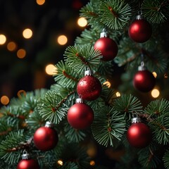 A close-up of a Christmas tree branch adorned with red ornaments and twinkling lights.