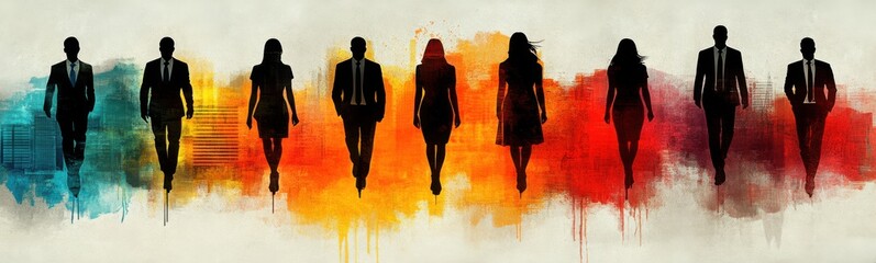 Several silhouettes of people standing in a row with a city in the background