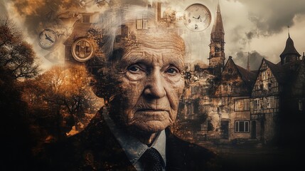 An elderly man’s face merged with nostalgic clocks and vintage architecture, symbolizing the passage of time. Generated AI.