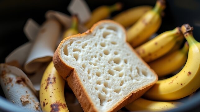 A slice of bread, a browning banana, and a cut lemon rest carelessly on crumpled paper, symbolizing the waste and neglect of uneaten food.