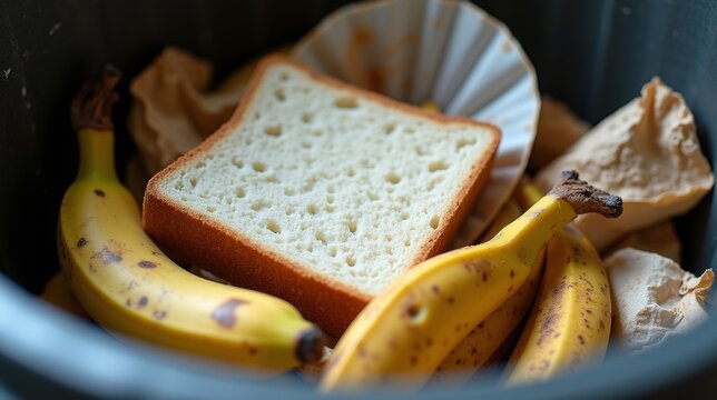 A slice of bread, a browning banana, and a cut lemon rest carelessly on crumpled paper, symbolizing the waste and neglect of uneaten food.