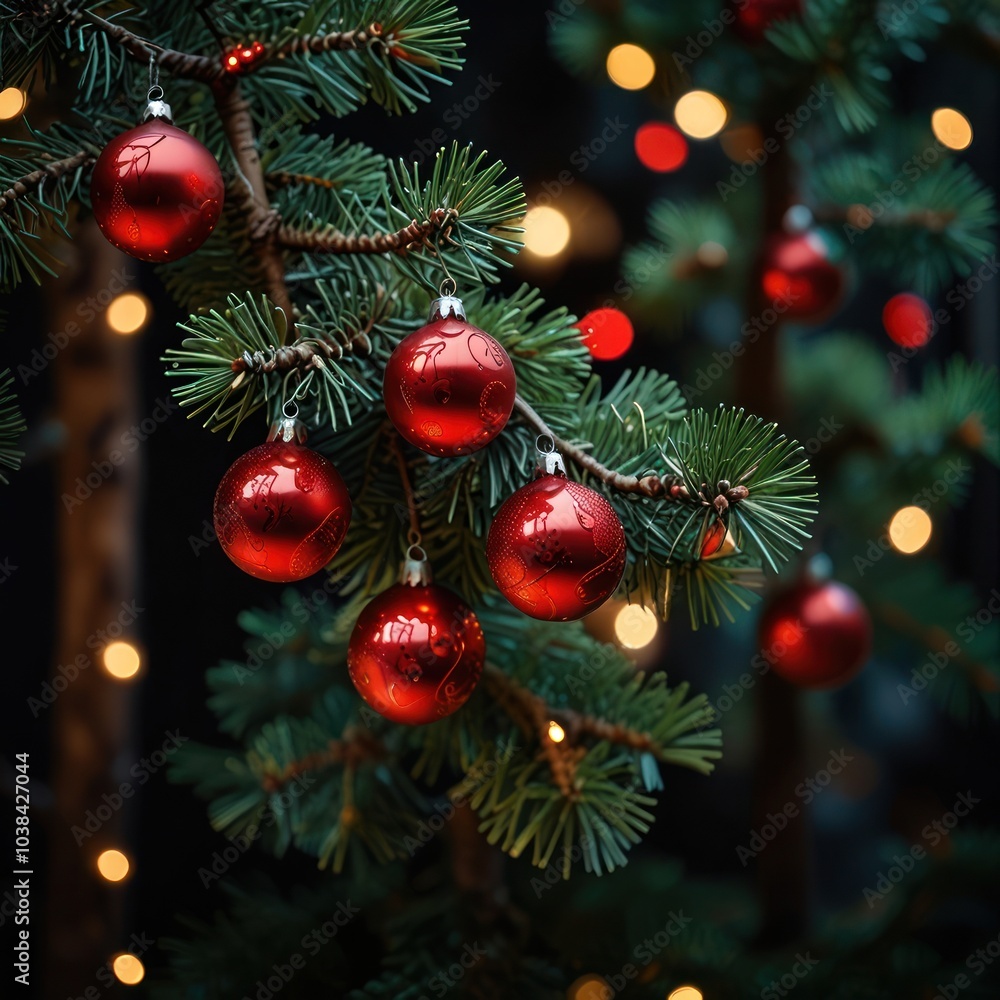 Poster close-up of red christmas ornaments hanging on a fir tree branch with warm string lights in the back
