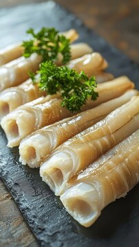 Geoduck (Mirugai) arranged on a slate plate, with studio lighting casting soft reflections on the fresh slices of geoduck