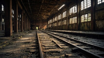 Obraz premium Old, abandoned train station with dilapidated wooden floors, rusted train tracks, and high ceiling with exposed beams. Windows dirty and let in dim, moody light, creating atmosphere of decay and
