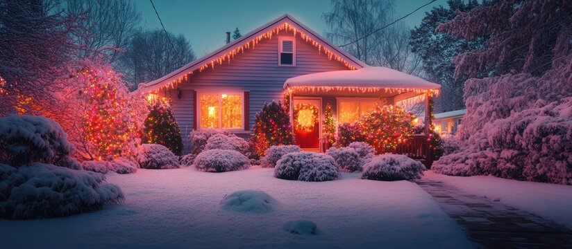 A cozy suburban home covered in snow and twinkling Christmas lights.