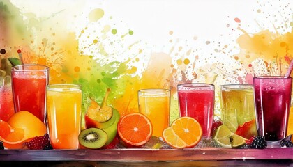 Fototapeta premium watercolor background with different colorful fruit juices with empty copy space