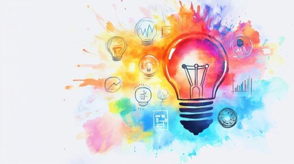 Watercolor entrepreneurship, bright and bold business ideas close up, focus on, copy space, vibrant hues of innovation, Double exposure silhouette with entrepreneurial icons