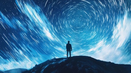 A lone traveler standing on a hill, gazing at the blue sky turning into a canvas of stars and galaxy trails.