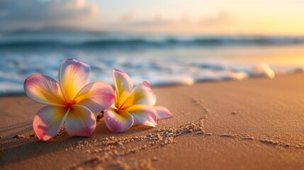 Fototapeta premium Plumeria flowers on the beach on the sand. selective focus. Generative AI,