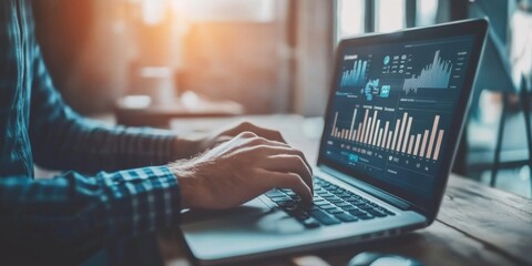 A businessman is working on his laptop, planning how to advertise his business online. He's using tools to track his ads, improve his website's search ranking, and reach people on social media.