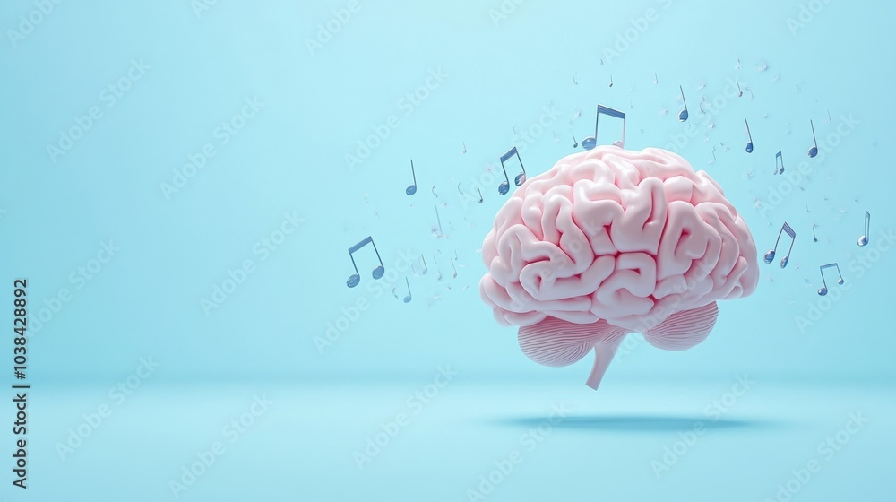 Aufkleber A brain floats amidst musical notes, set against a soft blue background, symbolizing the connection between music and thought. Generative AI