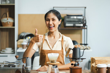 Drip coffee, woman making drip coffee.