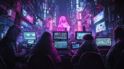 A vibrant online community engages in real-time discussions under neon lights featuring a giant digital projection. Generative AI