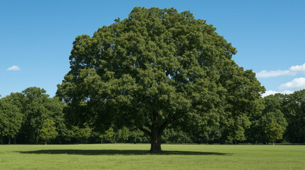 Fototapeta premium a large, leafy green tree in a lush, grassy landscape. Its broad canopy provides ample shade, and the surrounding area is filled with smaller trees, creating a serene and tranquil outdoor scene