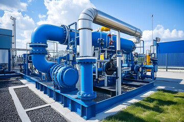 Industrial blue pipeline system with valves and equipment under bright sky