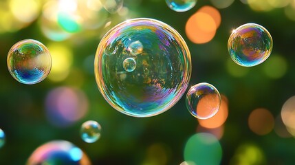 Rainbow Bubbles Floating in a Green Garden