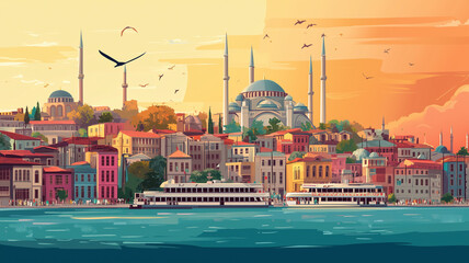 Fototapeta premium simple flat 2D illustration, vector illustration, simple colors, view on istanbul and Sultan Ahmet mosque or blue mosque. Famous touristic must-see spot in the heart of the capital city Istanbul.