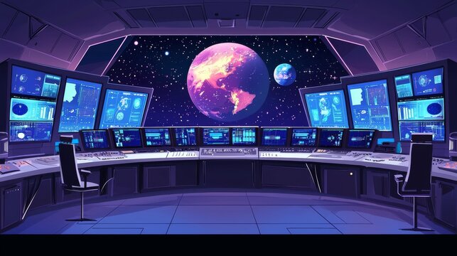 Deep Space Mission Control : A futuristic mission control room, coordinating a deep space mission, with screens showing live feeds from different parts of the solar system
