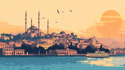 Obraz premium simple flat 2D illustration, vector illustration, simple colors, view on istanbul and Sultan Ahmet mosque or blue mosque. Famous touristic must-see spot in the heart of the capital city Istanbul.