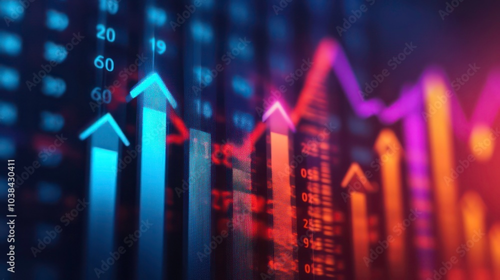Poster upward trending stock market graph with colorful arrows showing growth and progress on a digital scr