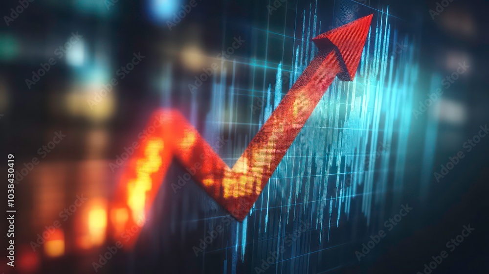 Aufkleber a red arrow pointing upwards on a blue background with a chart showing the rising trend. the backgro