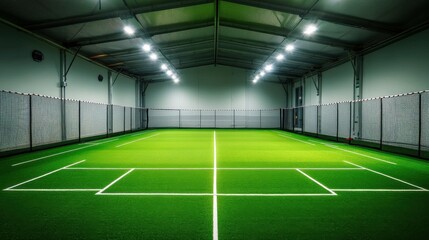 A spacious indoor cricket practice net with artificial turf, white boundary lines, and bright overhead lights