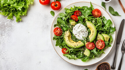 Fresh garden salad with avocado, tomatoes, and a soft cheese on a white plate in a well-lit kitchen