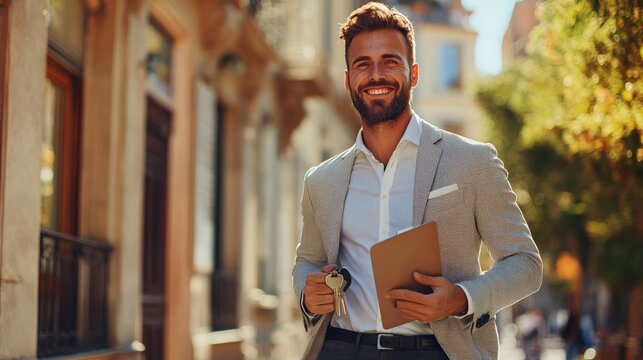 Smiling real estate agent standing in front of a newly constructed home, holding out keys to potential buyers. Confidence and success in real estate.