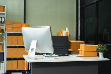 workspace area with laptop tablet smartphone and paperwork on the table in the office concept.