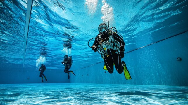 Astronauts Training Underwater : astronauts training underwater in a massive pool, simulating the zero gravity environment of space