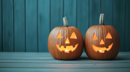Obraz premium Two carved pumpkins with glowing faces illuminated against a wooden background, evoking a festive Halloween spirit.