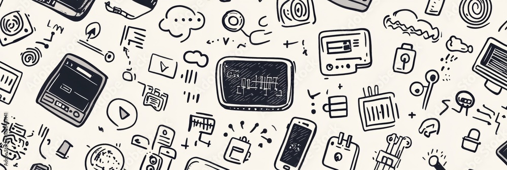 Leinwandbilder a collection of hand-drawn doodles featuring various technology items like computers, smartphones, a