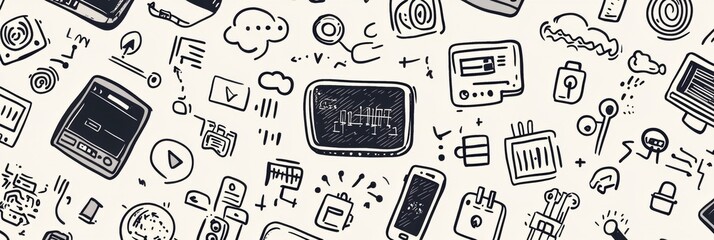 A collection of hand-drawn doodles featuring various technology items like computers, smartphones, and coding symbols, showcasing digital innovation. Generative AI