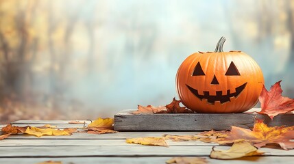 A carved Halloween pumpkin sits on a wooden surface, surrounded by colorful autumn leaves and a misty background.