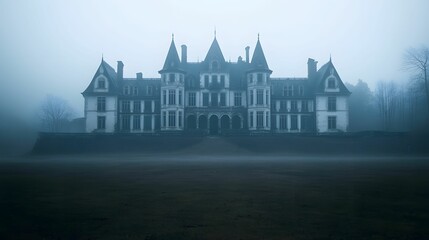 Obraz premium A mysterious, fog-covered mansion stands hauntingly serene, evoking a sense of intrigue and historic allure amidst the gloom.