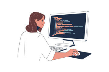 Woman with computer, studying or working concept, Vector illustration in flat style.