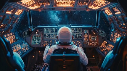 Astronaut Inside Spacecraft : An astronaut inside the cockpit of spacecraft, looking out at the stars, surrounded by control panels and data screens