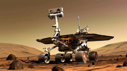 Mars rover extending its robotic arm to collect soil samples from the red planet rocky surface