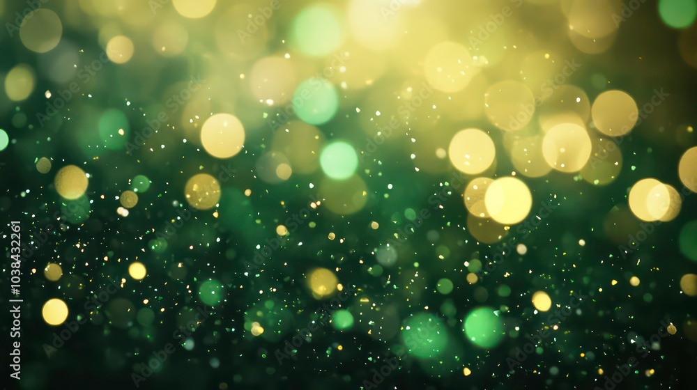 Poster abstract green and yellow bokeh background with sparkling lights.