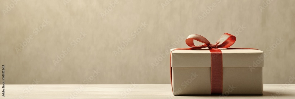 Poster This large gift box, adorned with neutral wrapping paper and a striking red ribbon, sits elegantly on a plain surface waiting to be opened. Generative AI