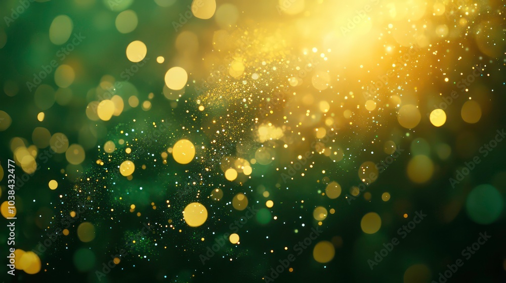 Poster abstract green and gold bokeh background with sparkling lights and blurred effect.