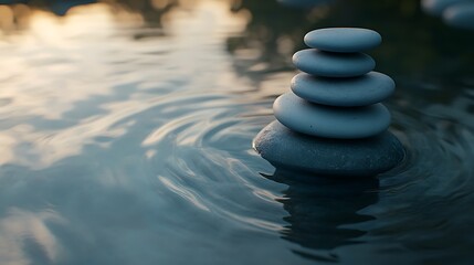 Obraz premium Smooth, flat stones stacked perfectly on each other, surrounded by gentle ripples of clear water in a zen garden at dusk.
